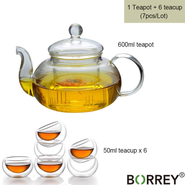 BORREY Glass Tea Set Heat Resistant Glass Tea Infuser Tea Pot Double Wall Glass Cup Kung Fu Tea Set Puer Kettle Gas Stove Teapot