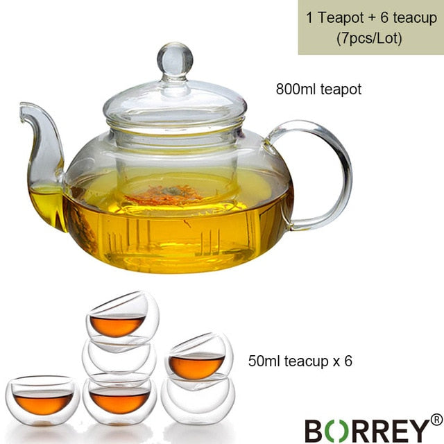 BORREY Glass Tea Set Heat Resistant Glass Tea Infuser Tea Pot Double Wall Glass Cup Kung Fu Tea Set Puer Kettle Gas Stove Teapot