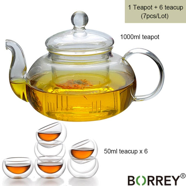 BORREY Glass Tea Set Heat Resistant Glass Tea Infuser Tea Pot Double Wall Glass Cup Kung Fu Tea Set Puer Kettle Gas Stove Teapot